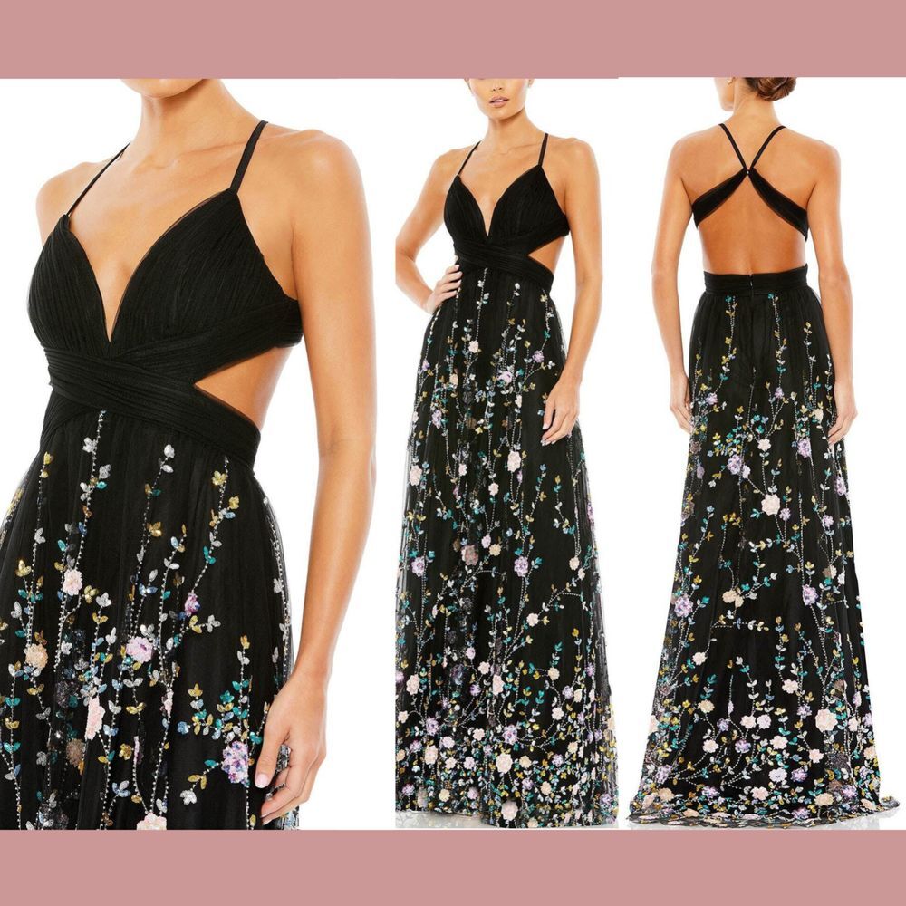 NWT $598 Mac Duggal [ 2 ] Plunging V-Neck‎ Embellished Gown 67976 Black